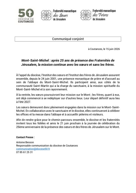 2026 06 15 Communiqué Présence des Fraternités de Jérusalem au Mont Saint Michel page 0001